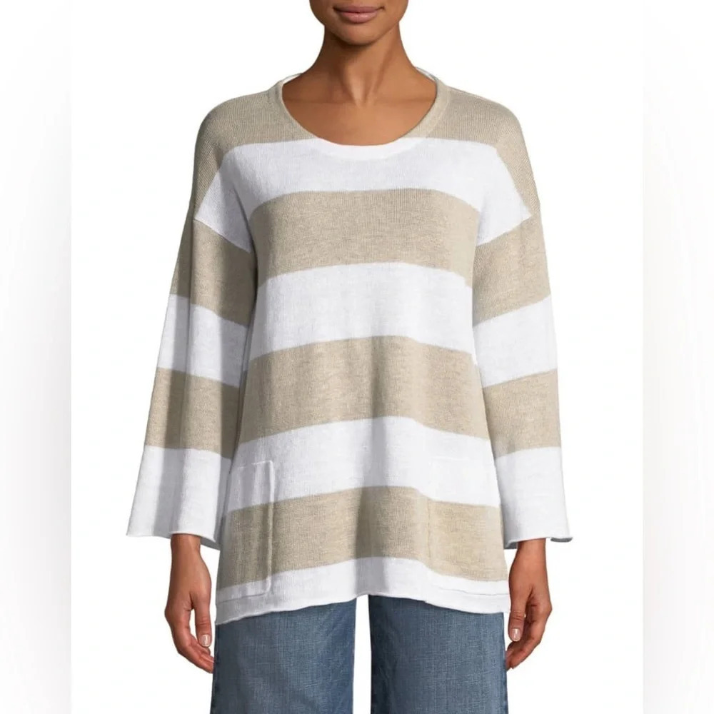 Eileen Fisher Organic Linen Knit Striped Sweater Top Women’s Size Medium